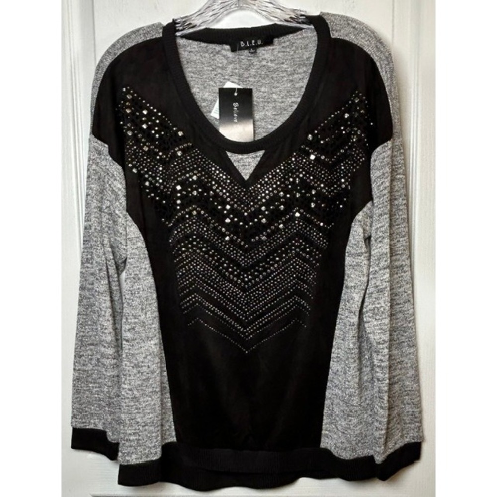 NWT B.L.E.U. Women's Black & Gray Metallic Rhinestone Lightweight Sweater LG